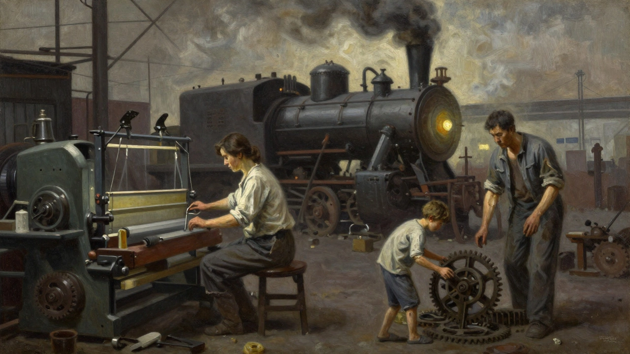 Семья разлучена промышленной машиной: отец, мать и ребёнок в разных уголках завода, дым и пар окутывают их.