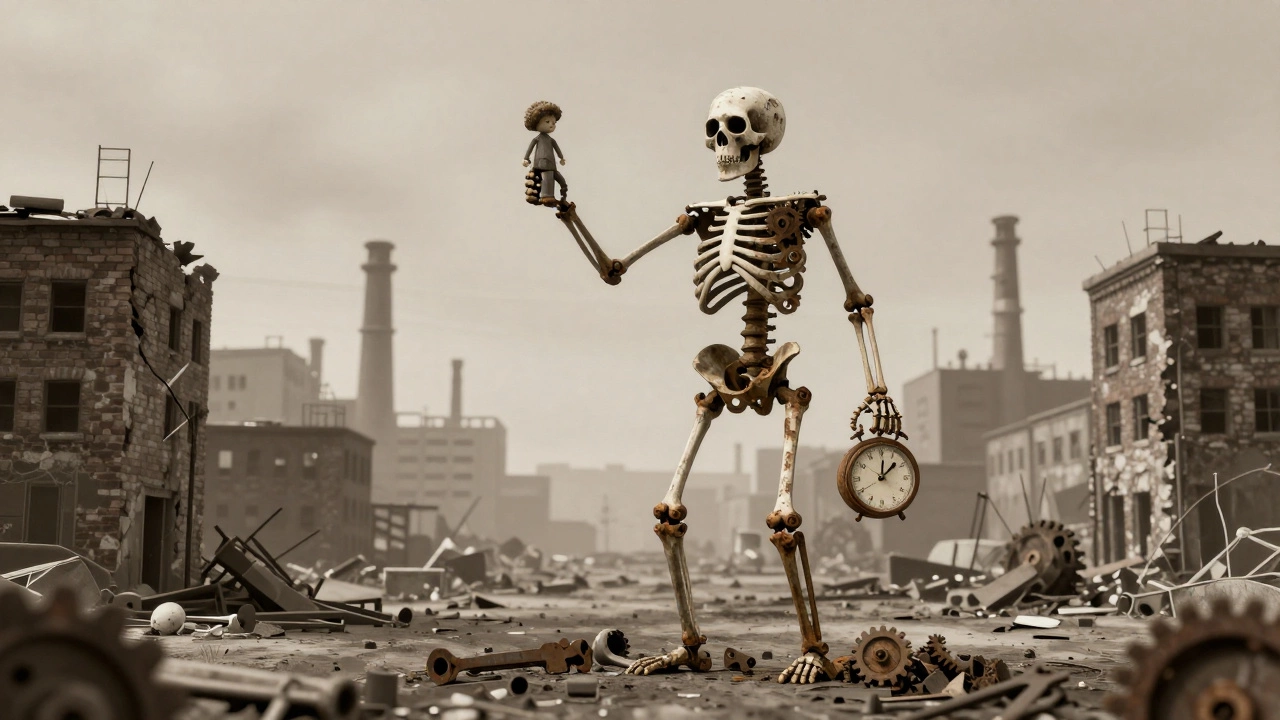 Скелет из ржавых шестерён и инструментов держит детскую игрушку, позади — пустые заводы и разрушенные трубы.