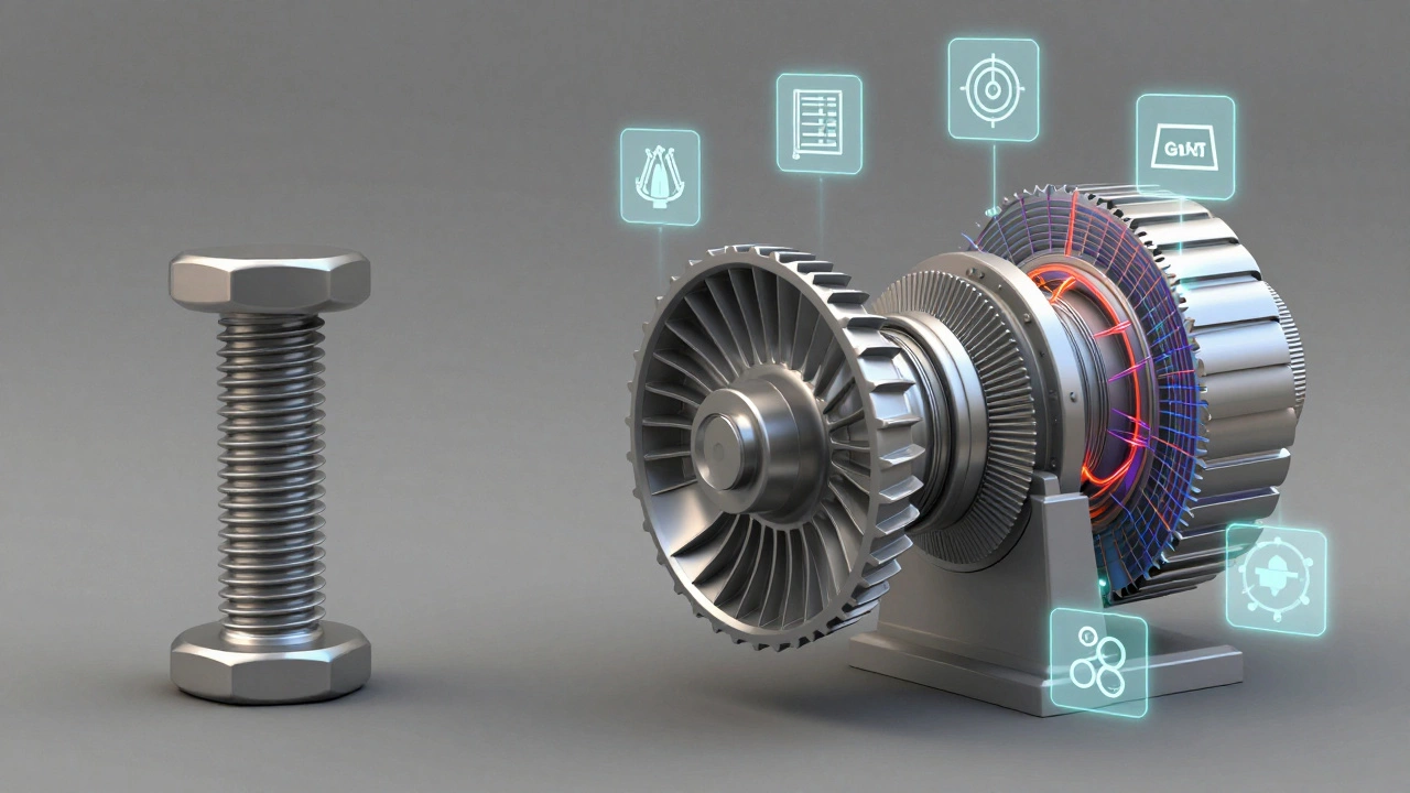 Сравнение простой детали и сложного узла с анализом напряжений, с иконками выбора материала и стандартов.