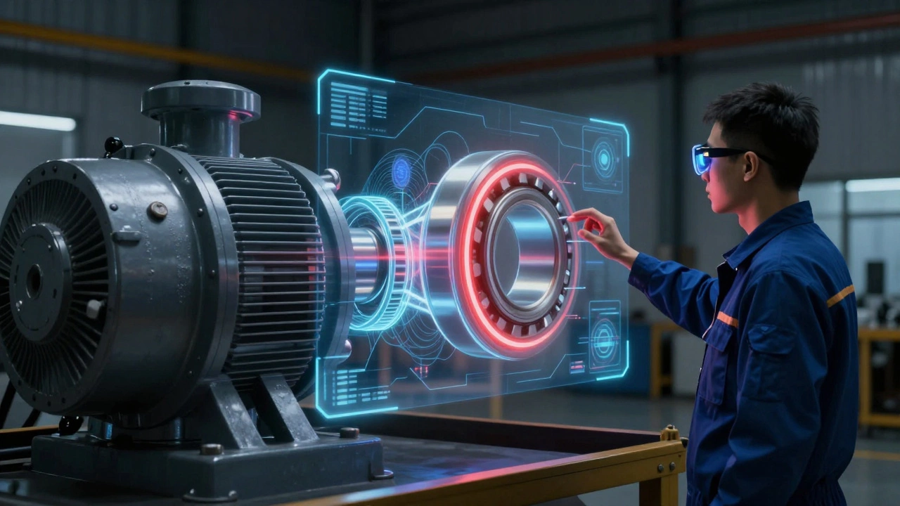 Техник с AR-очками видит голографическую модель внутренних частей насоса, подсвечивающую неисправность.
