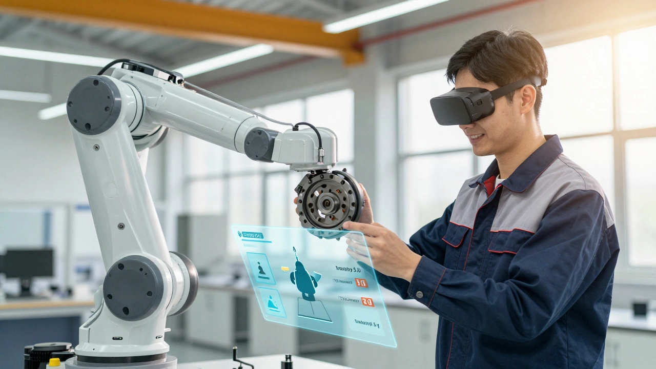 Человек в AR-очках работает совместно с коллаборативным роботом над сборкой детали