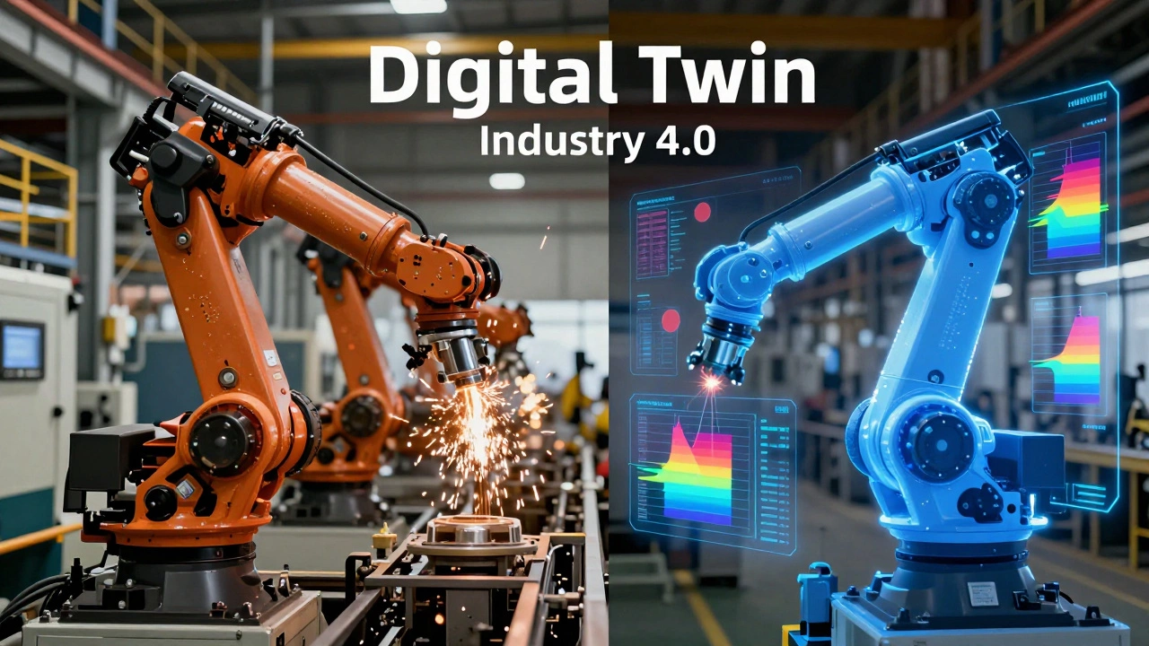 Цифровой двойник промышленного робота на фоне реального заводского цеха