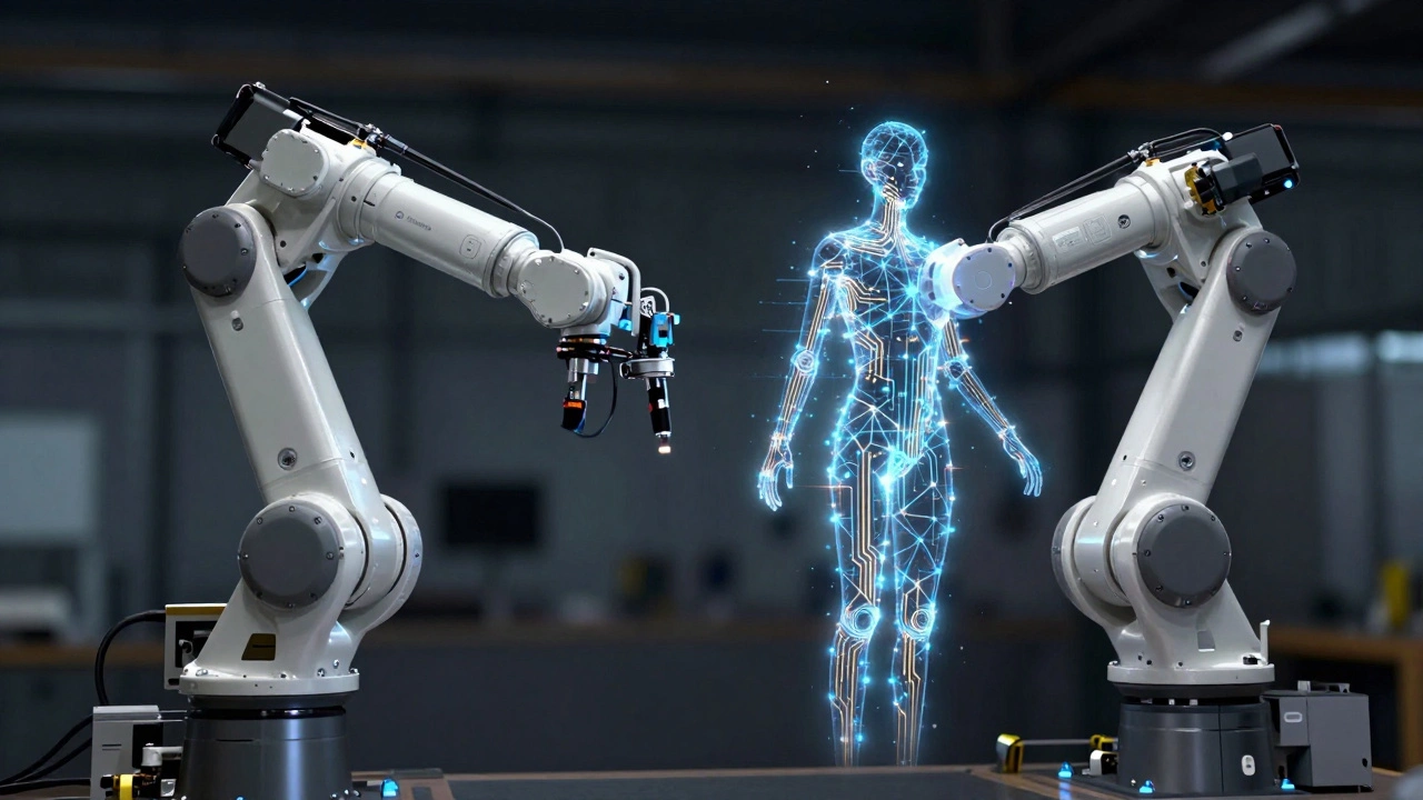 Физический робот-манипулятор и его светящийся цифровой двойник из данных