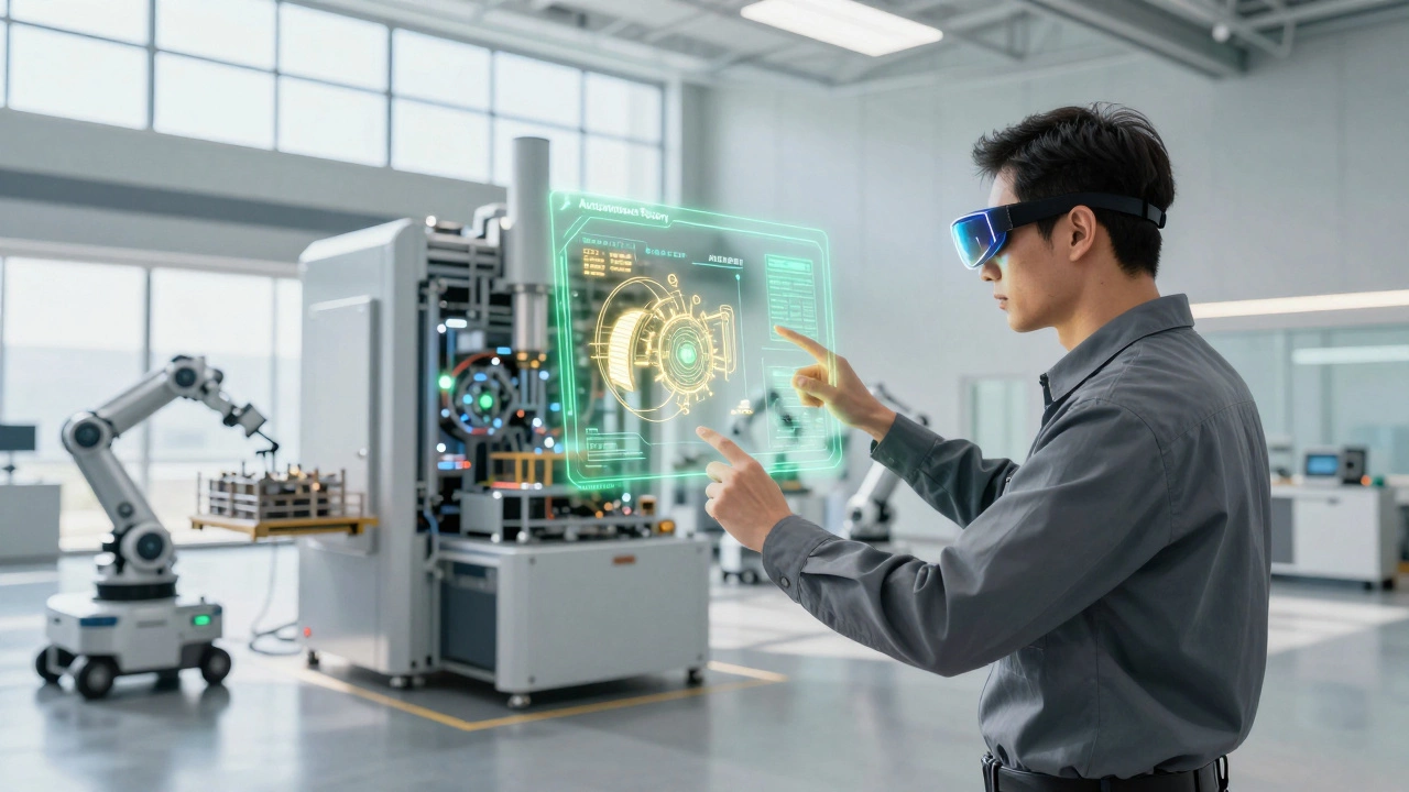 Инженер в AR-очках работает с оборудованием на автономном производстве будущего