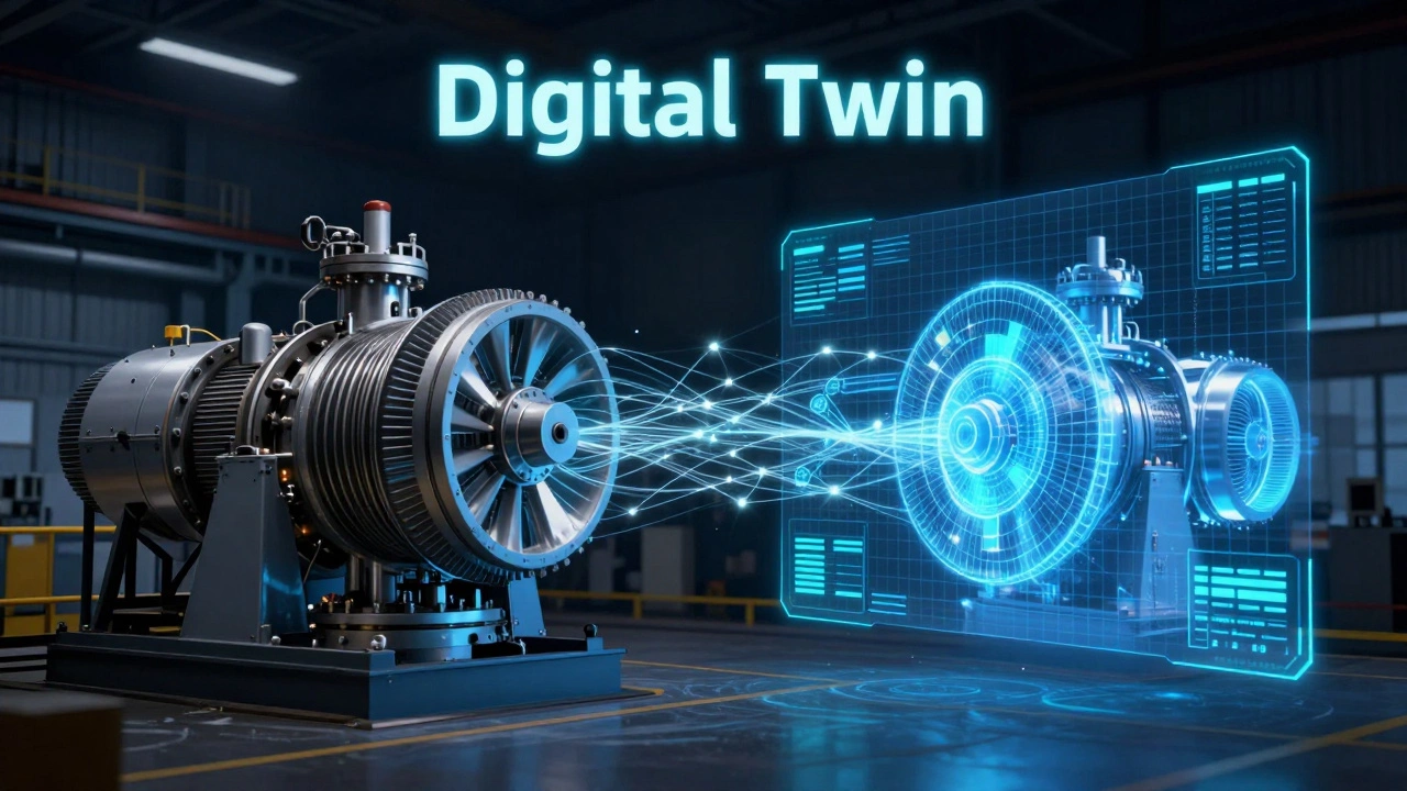 Концепция цифрового двойника: физическая турбина и ее светящаяся виртуальная копия