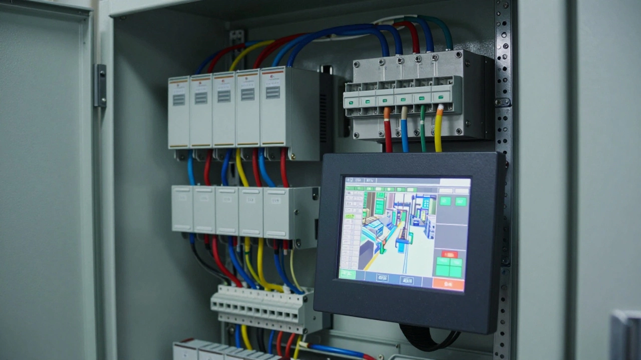 Программируемый логический контроллер ПЛК в промышленном шкафу с HMI-панелью