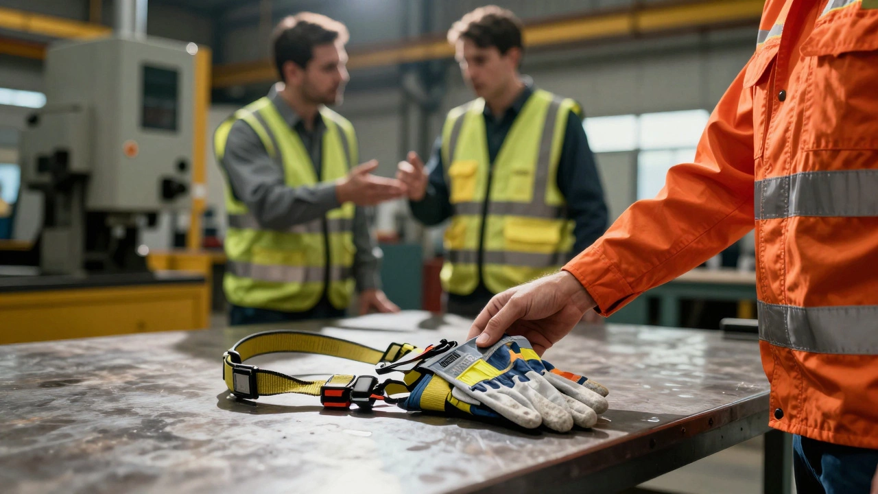 Рабочий и руководители на фоне заводского оборудования и средств защиты.