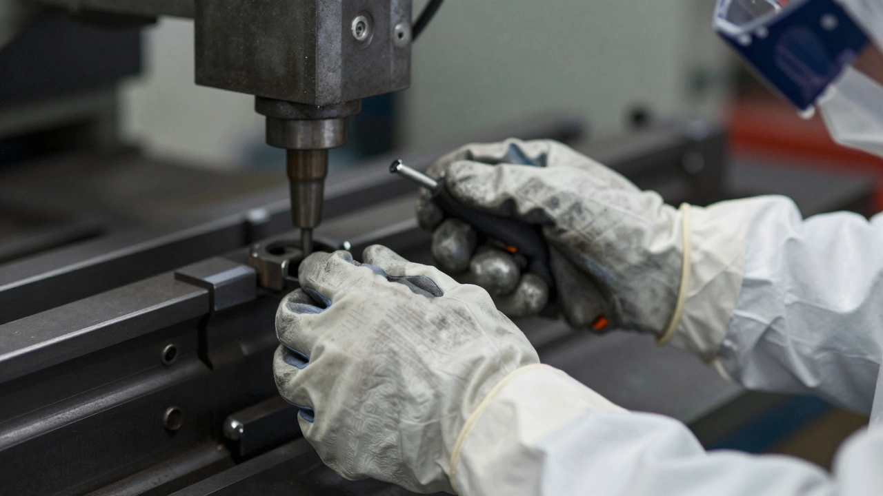 Рабочий в защитных очках и перчатках за промышленным оборудованием