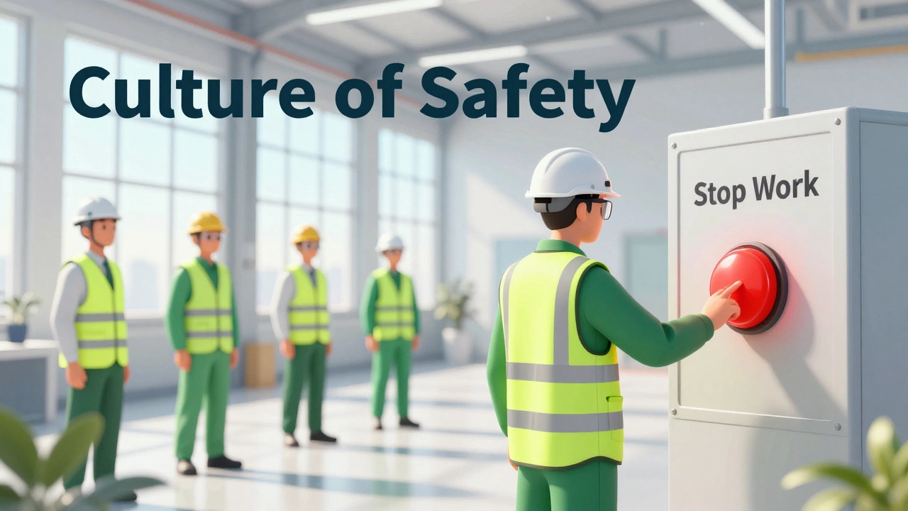 Работник нажимает кнопку остановки работ в современном безопасном цеху.