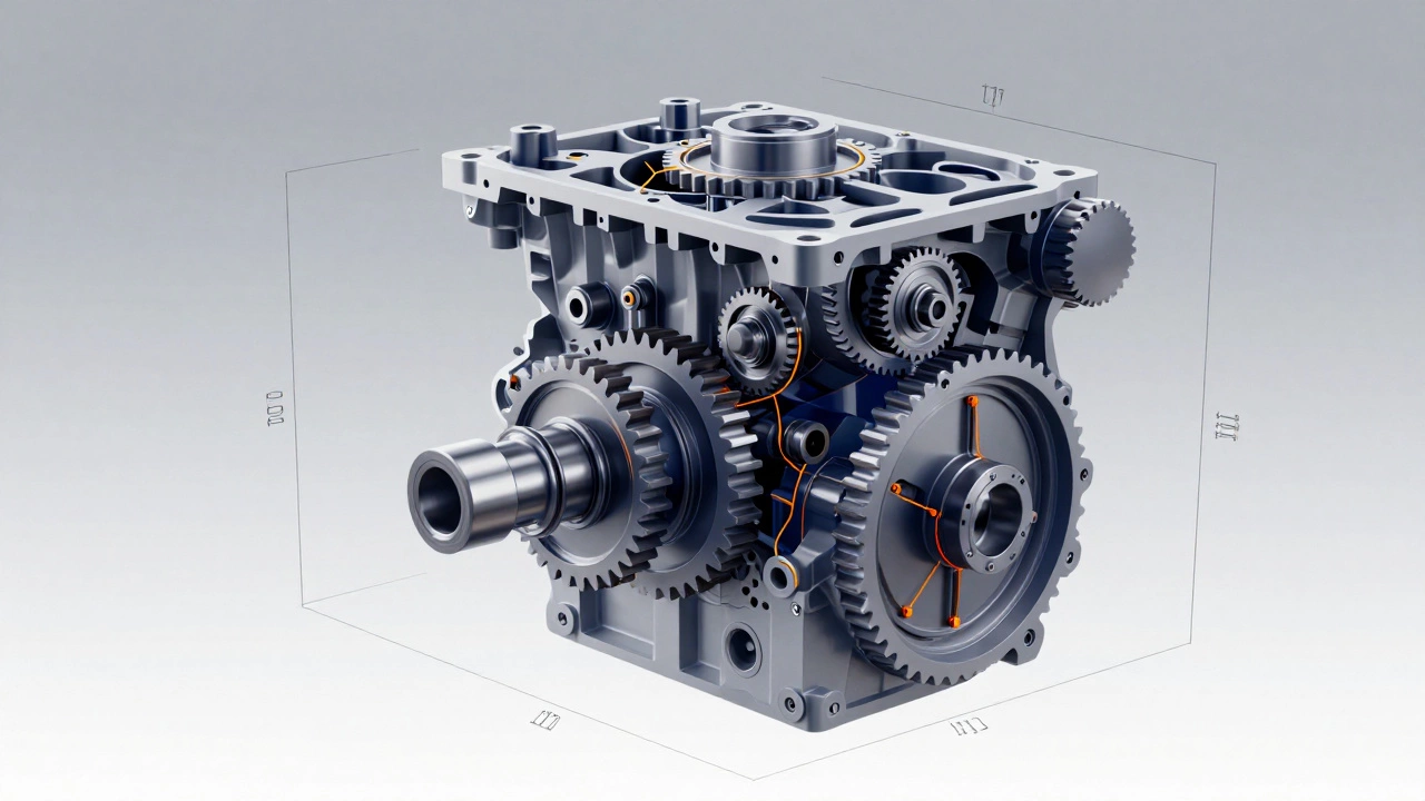 Сложная сборка механизма с техническими параметрами и размерными линиями