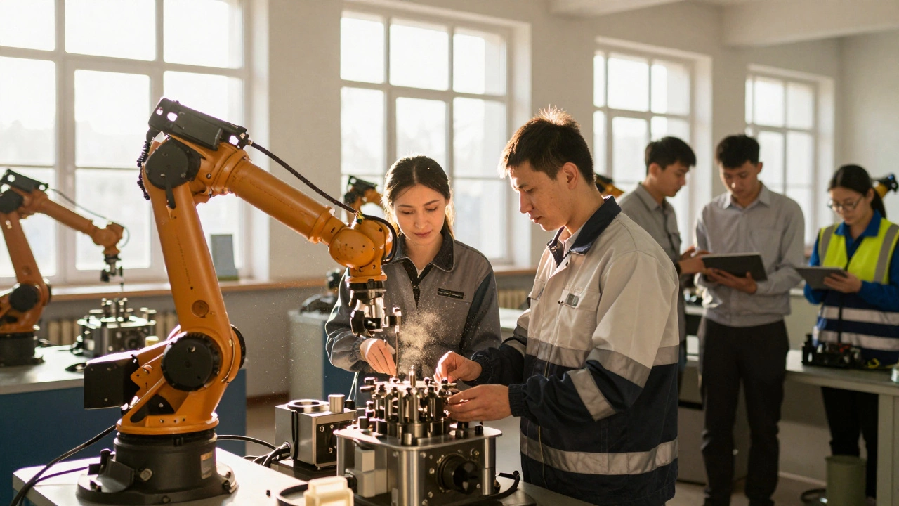 Рабочие и роботы в современном цехе российского завода