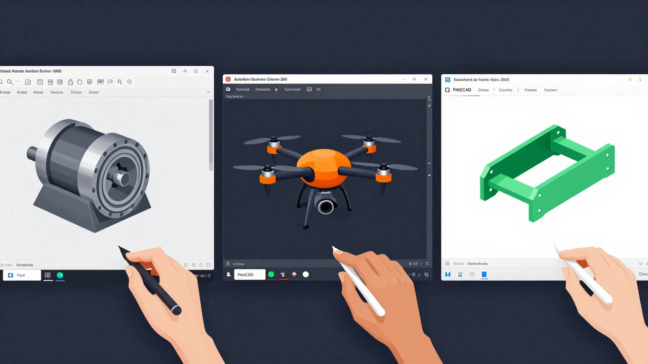 Сравнение интерфейсов SolidWorks, Fusion 360 и FreeCAD в одной композиции