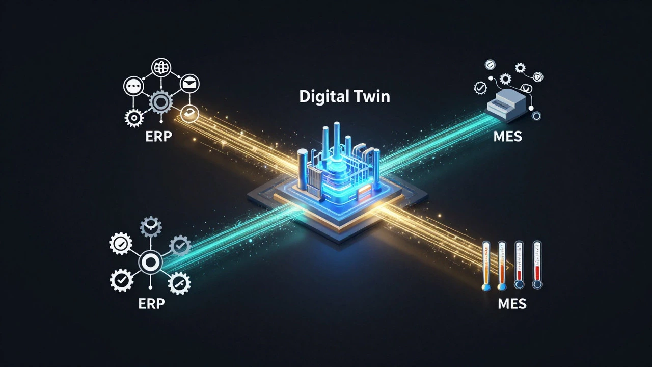 Схематичное изображение связи систем ERP, MES и SCADA через цифровой двойник